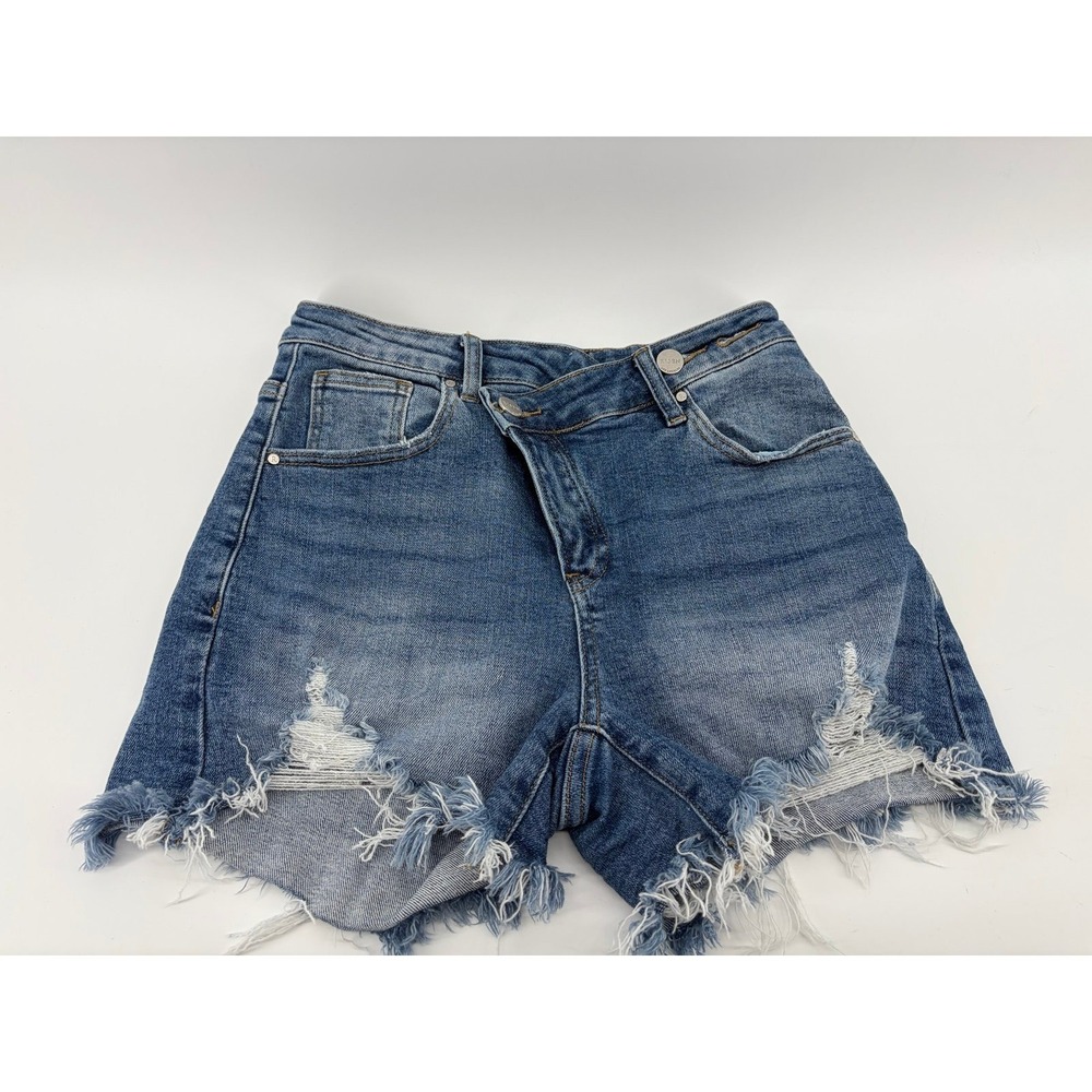 Risen Raw Hem Asymmetrical Waist Denim Shorts Trendy Crisscross Button, Sz Small